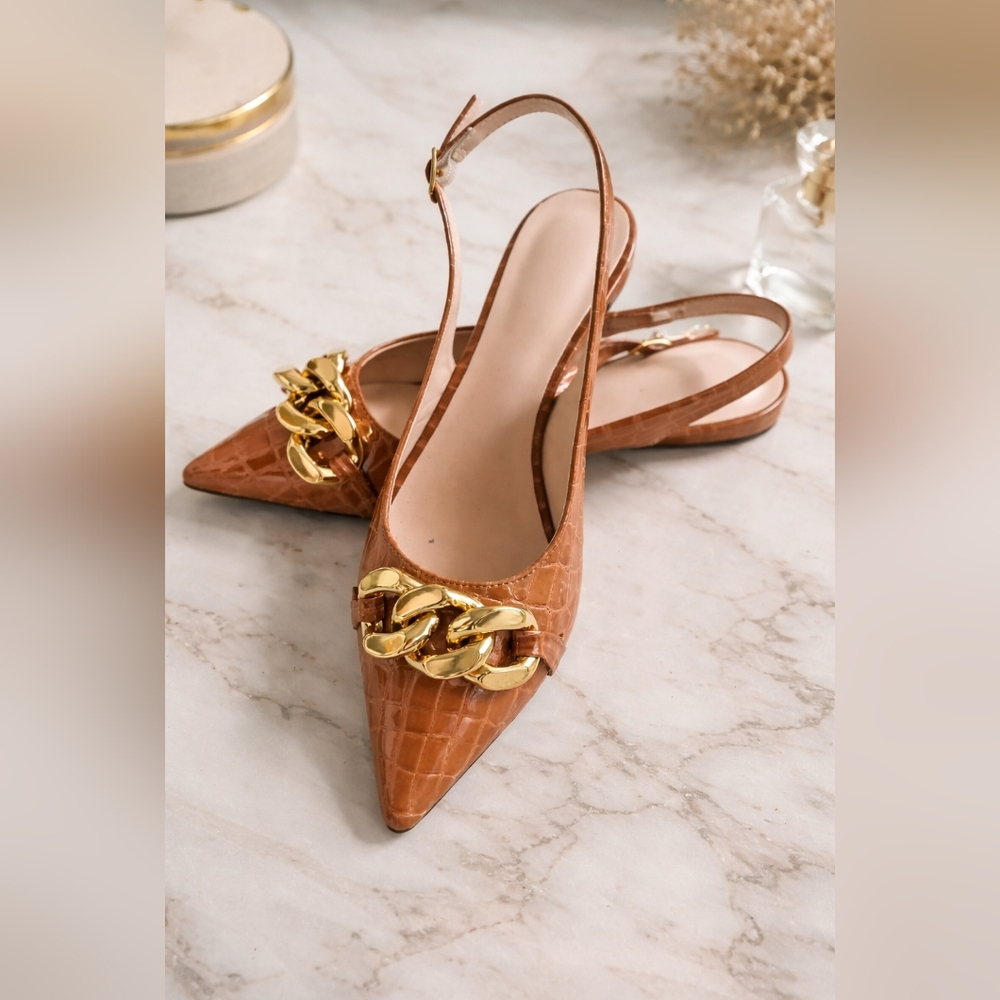Faux Crocodile Embossed Brown Slingback Heels with Gold Chain